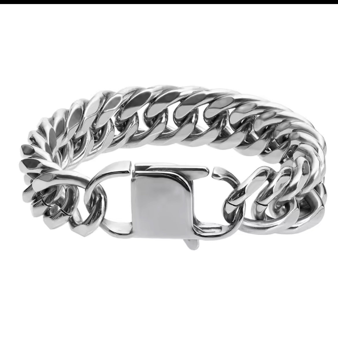 A silver-toned metal chain bracelet with a polished clasp, shown on a plain white background.