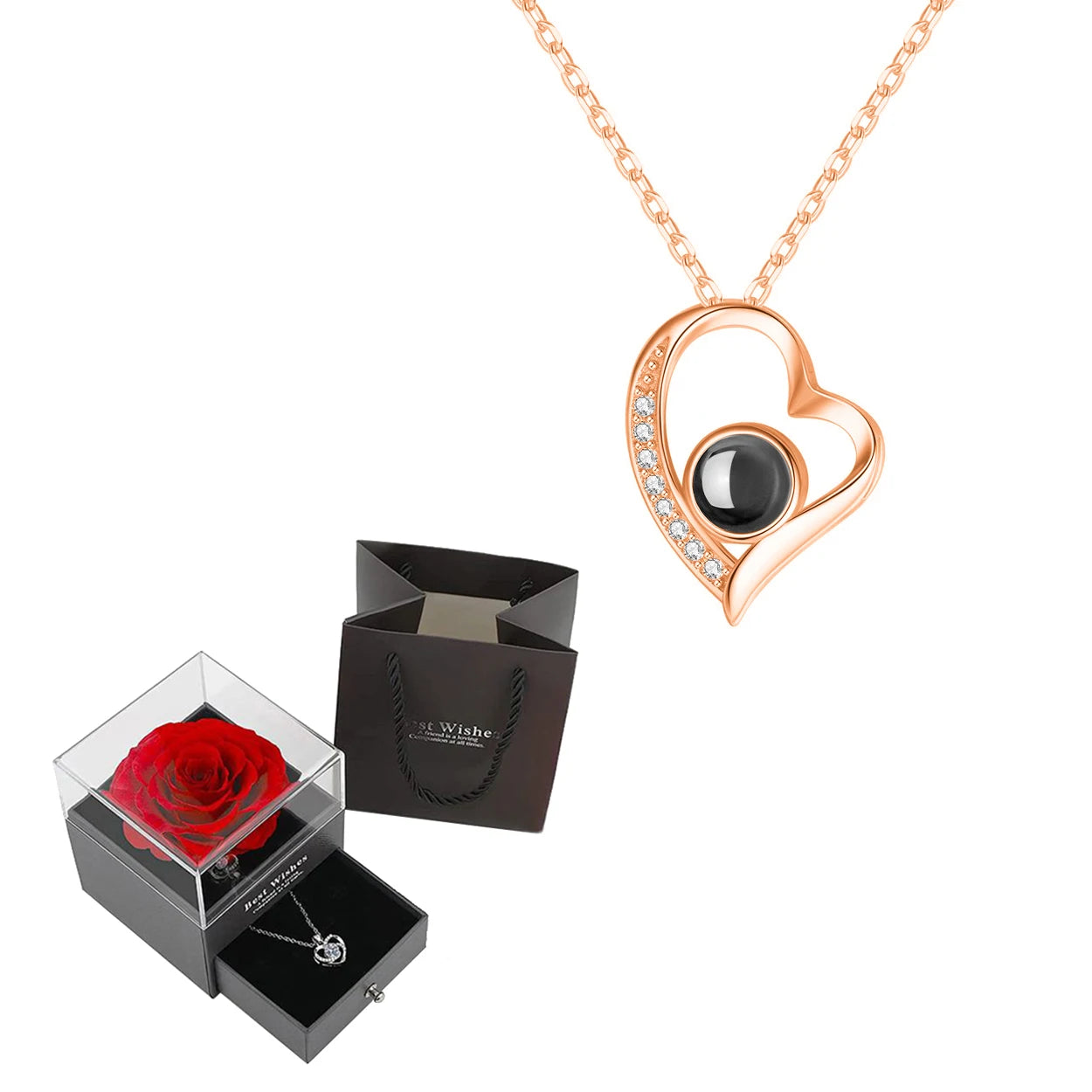 Projection Necklace Set in Rose Gift Box - Heart Pendant Jewelry Featuring "I Love You" in 100 Languages for Girlfriend - 2024 Gift Collection - Dropshipping Available