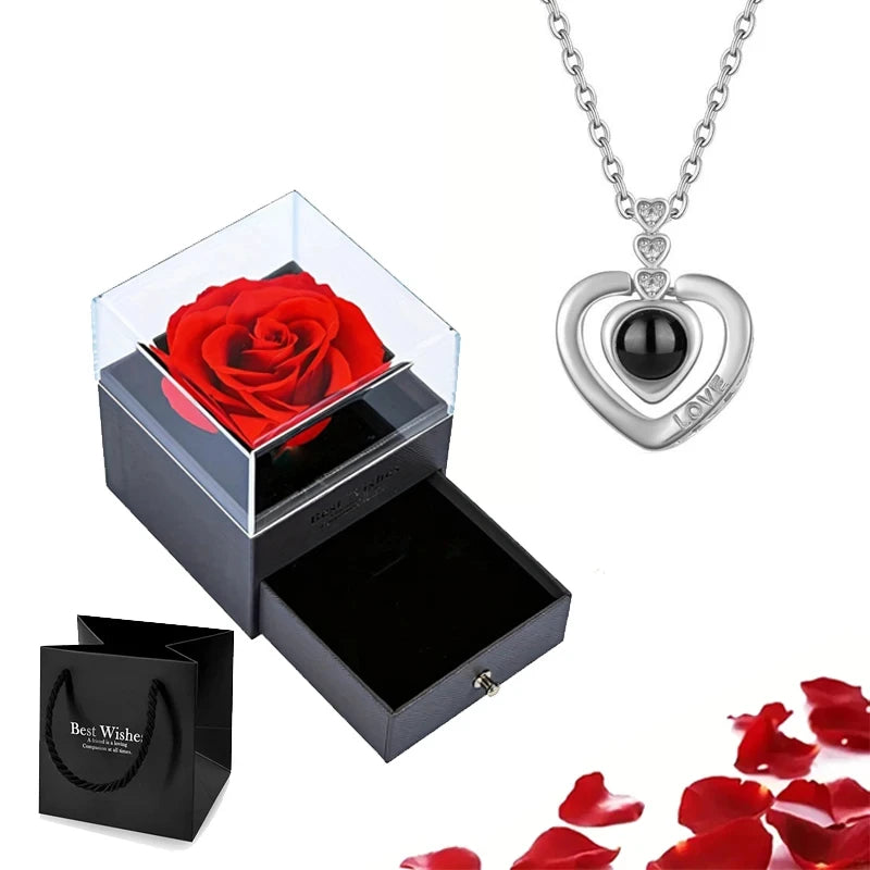 Projection Necklace Set in Rose Gift Box - Heart Pendant Jewelry Featuring "I Love You" in 100 Languages for Girlfriend - 2024 Gift Collection - Dropshipping Available