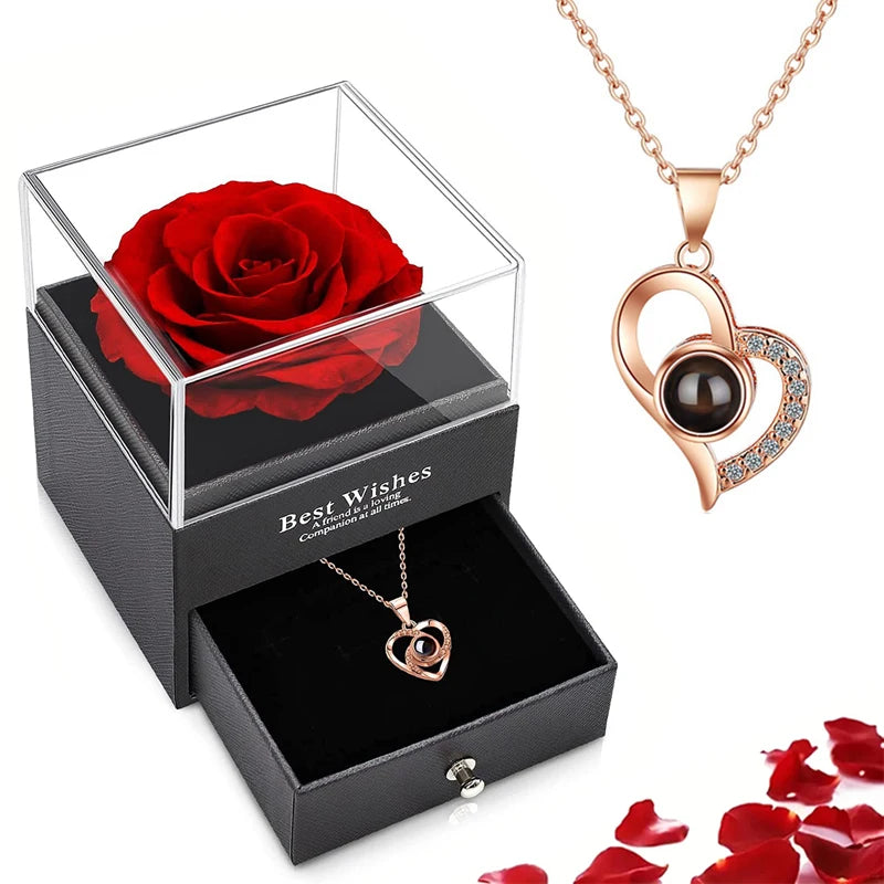 Projection Necklace Set in Rose Gift Box - Heart Pendant Jewelry Featuring "I Love You" in 100 Languages for Girlfriend - 2024 Gift Collection - Dropshipping Available