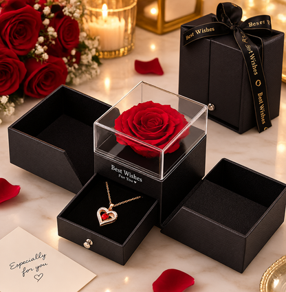 A romantic gift presentation featuring a single preserved red rose in a clear acrylic box labeled 'Best Wishes', surrounded by open and closed black gift boxes with gold lettering and a matching heart pendant necklace. The scene is styled with red rose petals, a bouquet of red roses, and warm candlelight on a light marble surface.