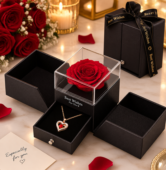 A romantic gift presentation featuring a single preserved red rose in a clear acrylic box labeled 'Best Wishes', surrounded by open and closed black gift boxes with gold lettering and a matching heart pendant necklace. The scene is styled with red rose petals, a bouquet of red roses, and warm candlelight on a light marble surface.