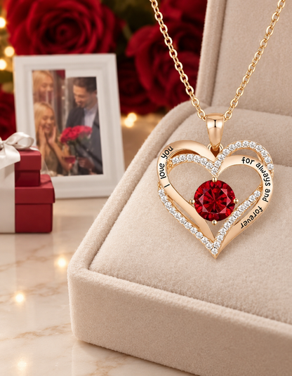 A gold heart-shaped pendant necklace with a red gemstone and clear rhinestone accents, displayed on a beige jewelry box. The pendant has engraved text including 'I love you' and 'for always and forever.