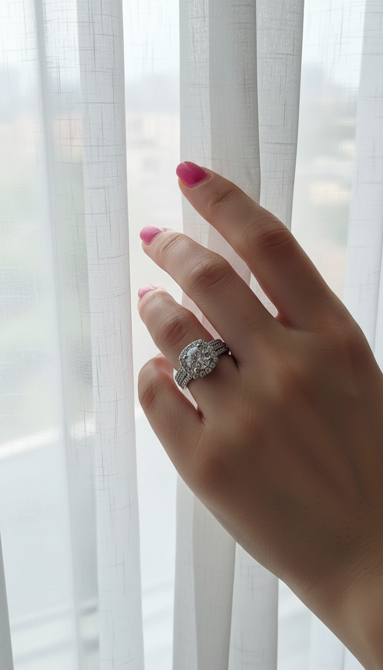 A silver-toned diamond engagement ring with a round center stone and smaller side stones, worn on a hand with pink nail polish in front of white sheer curtains.