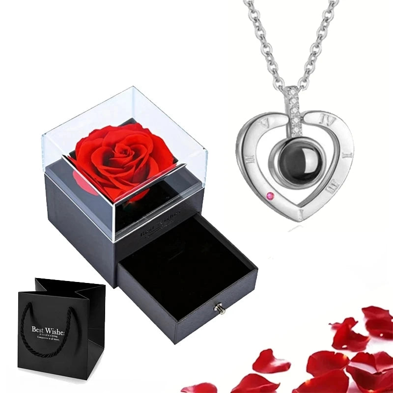 Projection Necklace Set in Rose Gift Box - Heart Pendant Jewelry Featuring "I Love You" in 100 Languages for Girlfriend - 2024 Gift Collection - Dropshipping Available