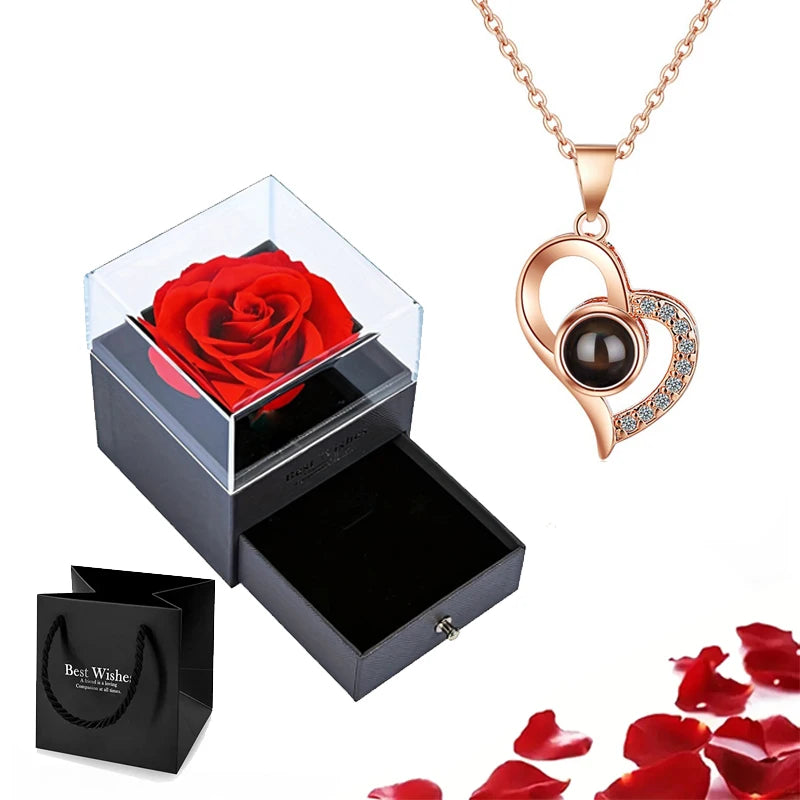 Projection Necklace Set in Rose Gift Box - Heart Pendant Jewelry Featuring "I Love You" in 100 Languages for Girlfriend - 2024 Gift Collection - Dropshipping Available