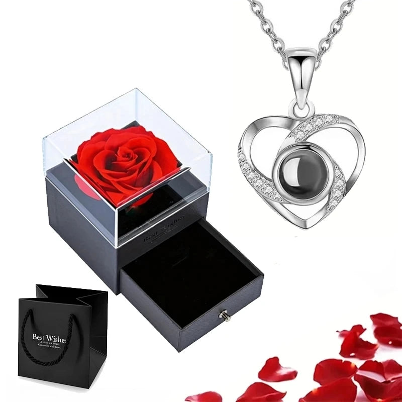 Projection Necklace Set in Rose Gift Box - Heart Pendant Jewelry Featuring "I Love You" in 100 Languages for Girlfriend - 2024 Gift Collection - Dropshipping Available
