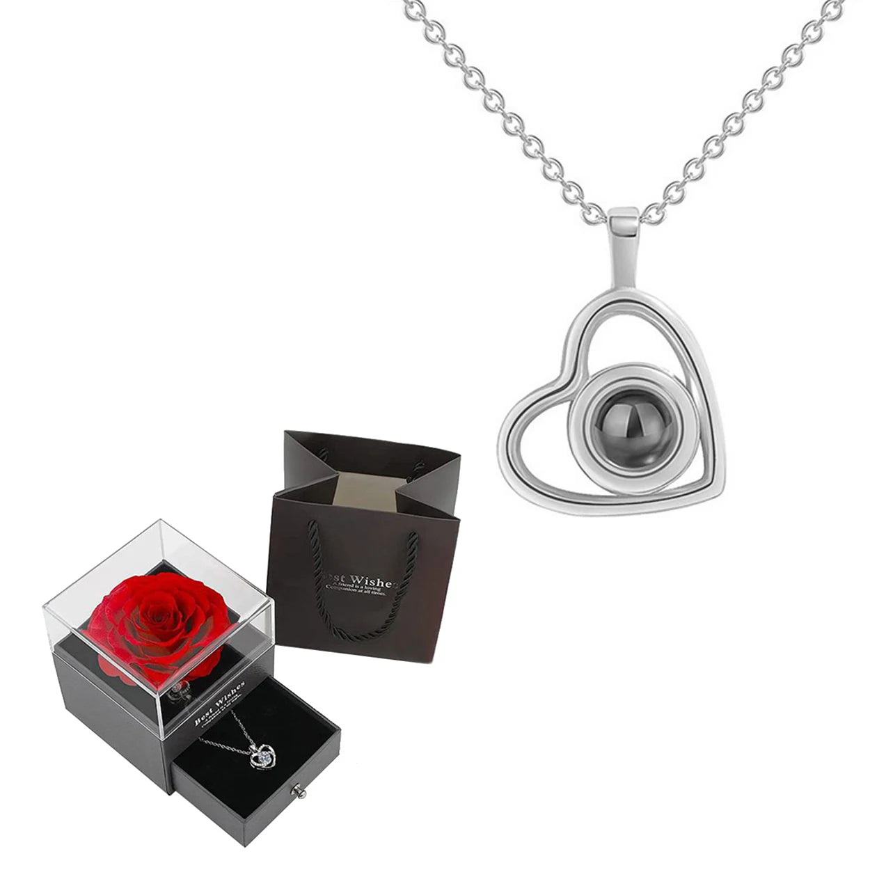 Projection Necklace Set in Rose Gift Box - Heart Pendant Jewelry Featuring "I Love You" in 100 Languages for Girlfriend - 2024 Gift Collection - Dropshipping Available