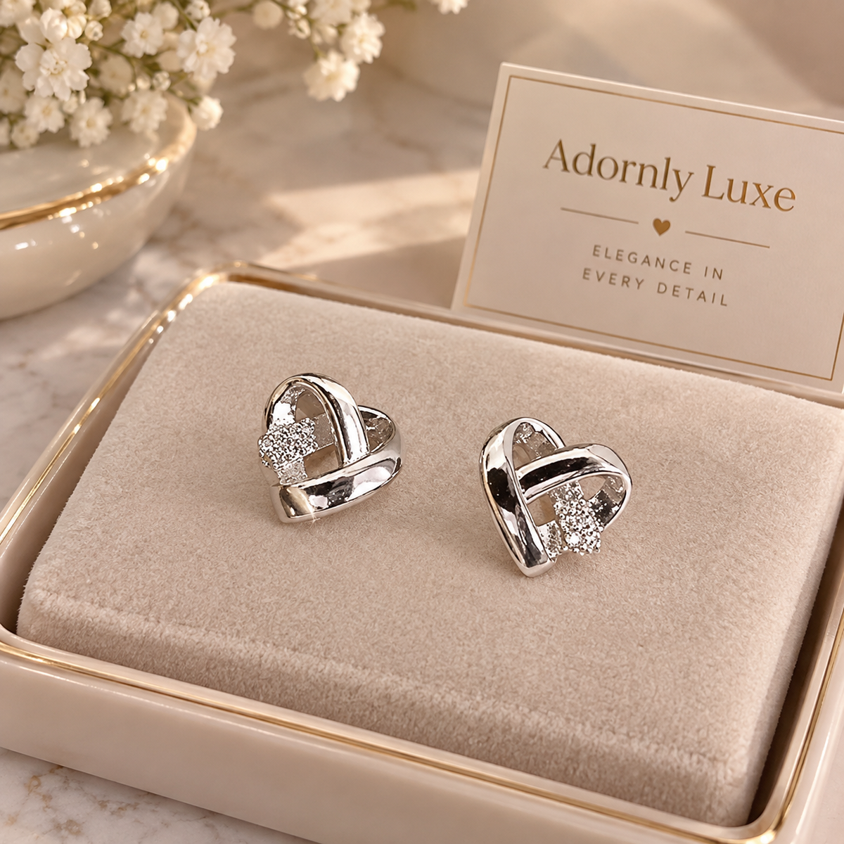 A pair of silver heart-shaped stud earrings with clear crystal details, presented in a beige jewelry box with a card that reads 'Adornly Luxe'.