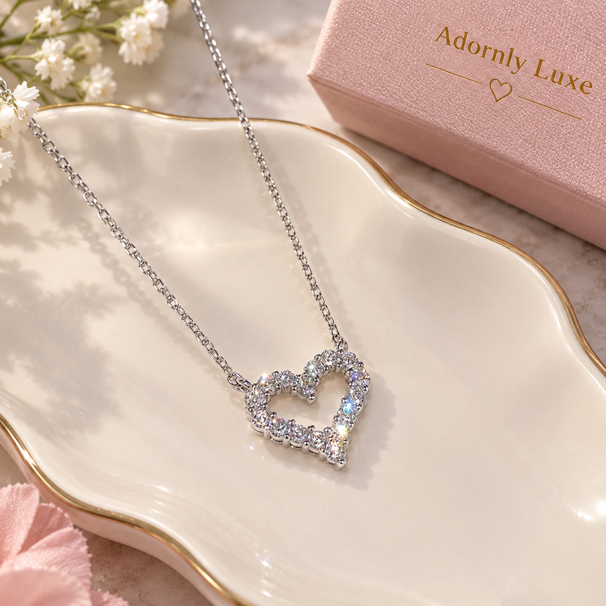 A silver-toned heart-shaped pendant necklace with sparkling clear stones and an iridescent finish, displayed on a white scalloped dish. A pink jewelry box printed with the brand name 'Adornly Luxe' is visible in the background along with small white flowers.