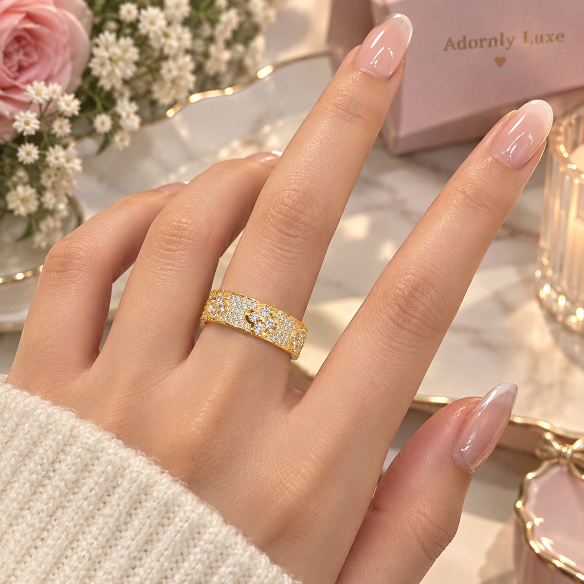 A close-up of a hand wearing a gold band ring set with small clear stones, styled with a pink gift box and flowers in the background. The box shows the brand name 'Adornly Luxe'.