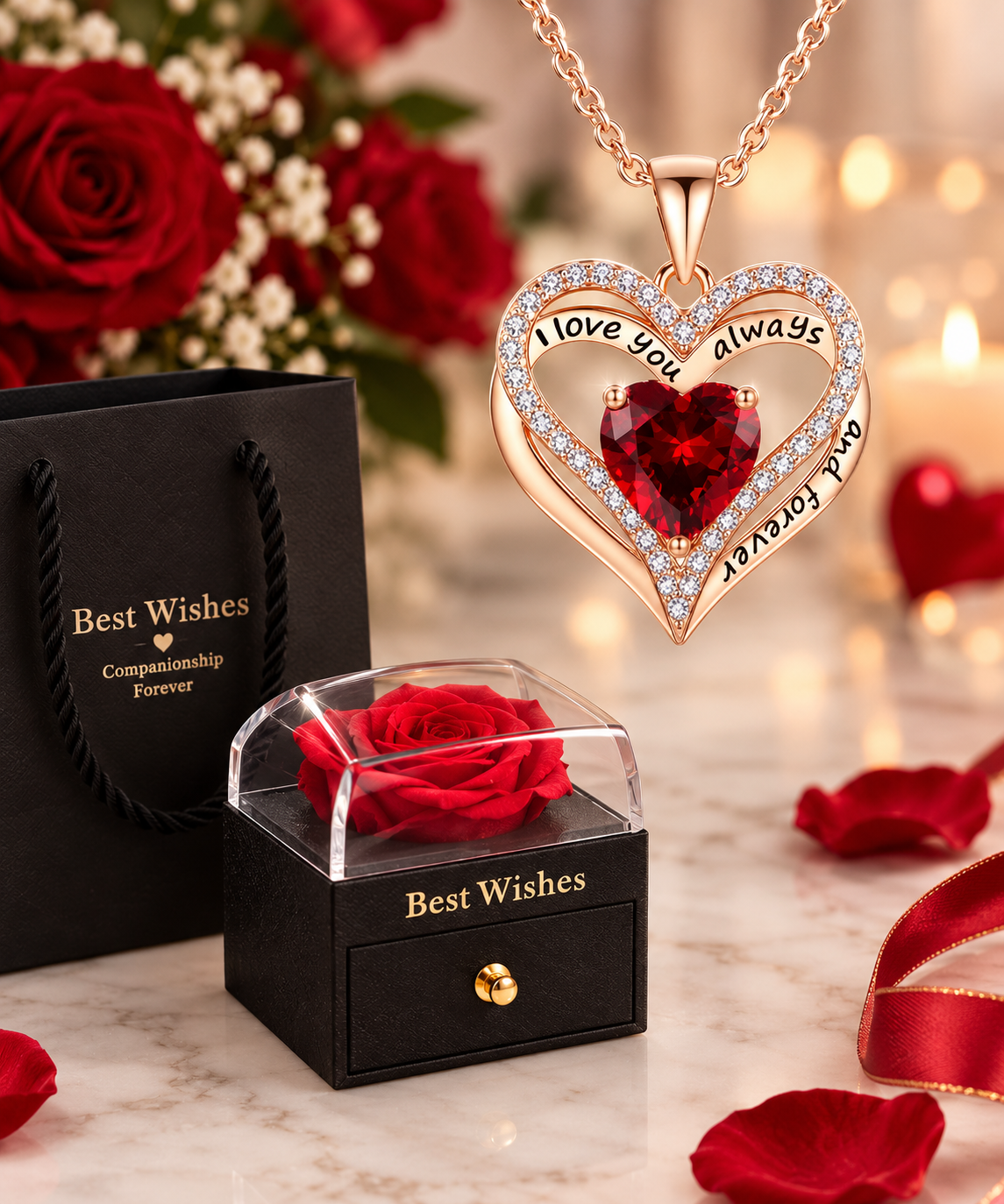 Rose gold heart pendant necklace with a red heart gemstone and clear crystal border, displayed with a black gift box containing a red rose, a black gift bag, and scattered rose petals on a marble surface.


