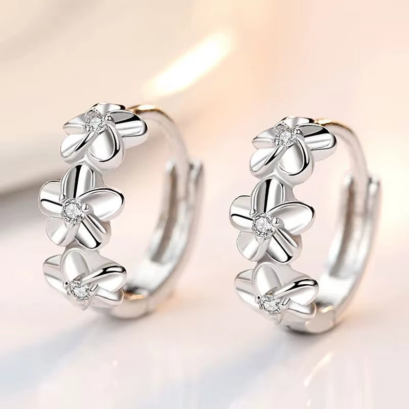 925 Sterling Silver Needle Earrings for Women'S Wedding Fashion High Quality Jewelry Crystal Zircon Flower Cute Stud