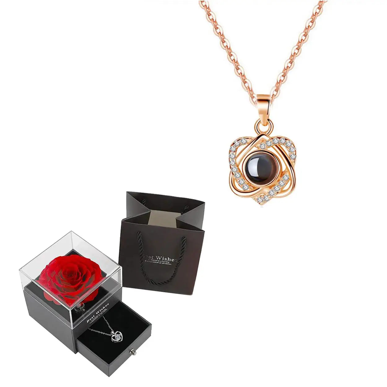 Projection Necklace Set in Rose Gift Box - Heart Pendant Jewelry Featuring "I Love You" in 100 Languages for Girlfriend - 2024 Gift Collection - Dropshipping Available