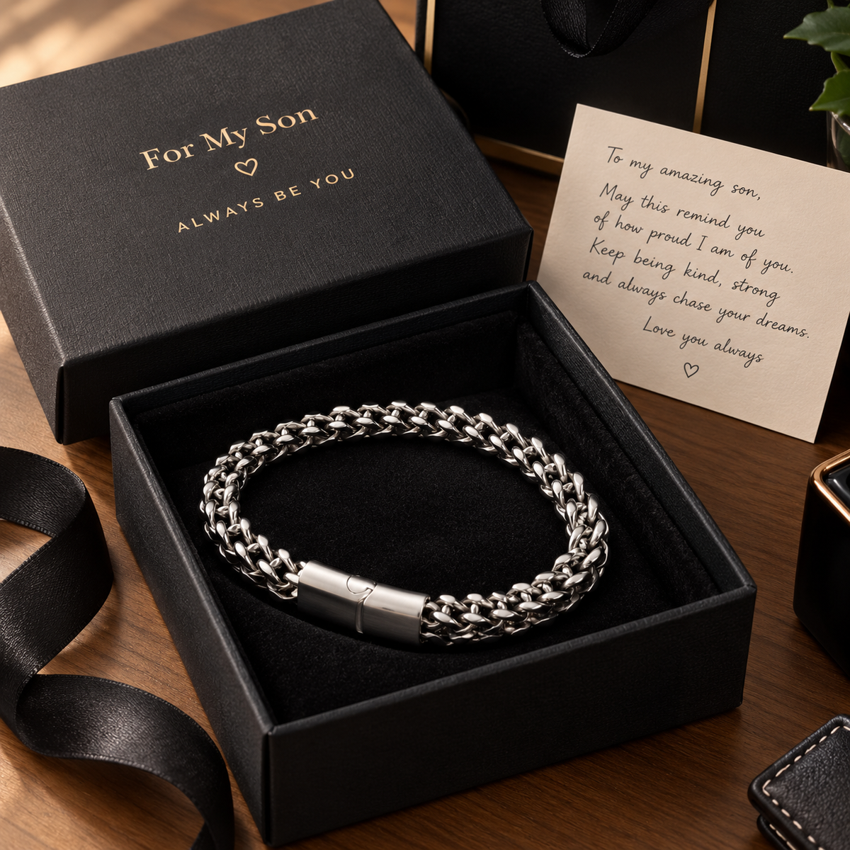 


A silver-toned chain bracelet displayed in an open black gift box with a black velvet interior, alongside a black branded box lid reading 'For My Son' and a handwritten card addressed to the son. The bracelet is the product, shown in a styled gift presentation on a wooden surface.