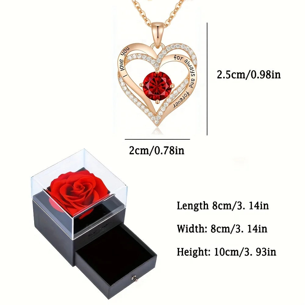 Elegant Red Zircon Pendant Necklace in Rose Flower Gift Box - Perfect I Love You Gift for Girlfriend & Trendy Wedding Jewelry 2024