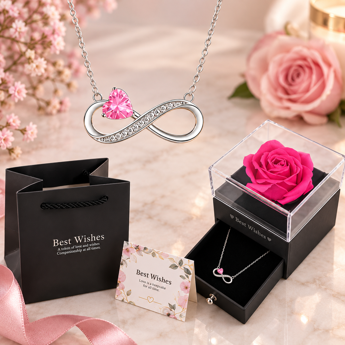 Silver infinity necklace with a pink heart-shaped crystal pendant, displayed with a black gift bag, floral card, and a preserved pink rose in a black box on a light marble surface.