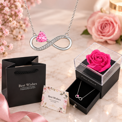 Silver infinity necklace with a pink heart-shaped crystal pendant, displayed with a black gift bag, floral card, and a preserved pink rose in a black box on a light marble surface.