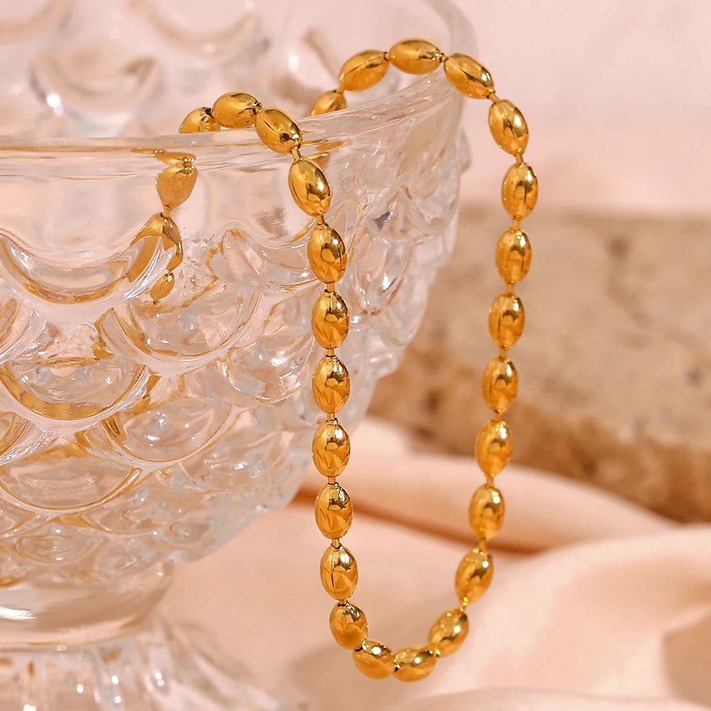 Chic 18K Gold Plated Stainless Steel Oval Beaded Choker Necklace - Stunning Fashion Jewelry for Women