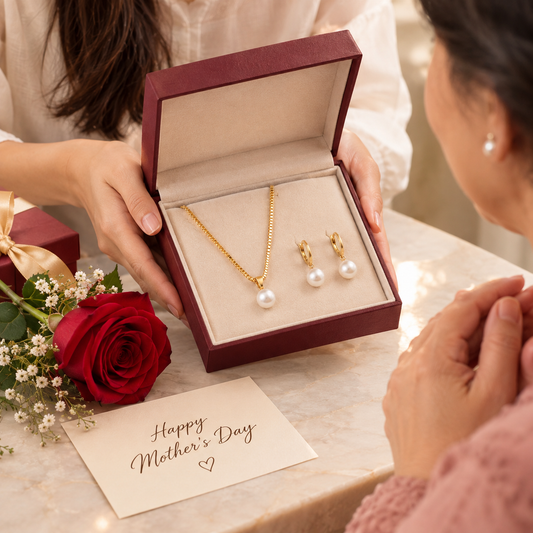 A gold  plated necklace and matching pearl earrings are displayed in an open burgundy jewelry box held by a person, with another person seated beside the box. A red rose, small white flowers, and a handwritten 'Happy Mother's Day' card are on the table.