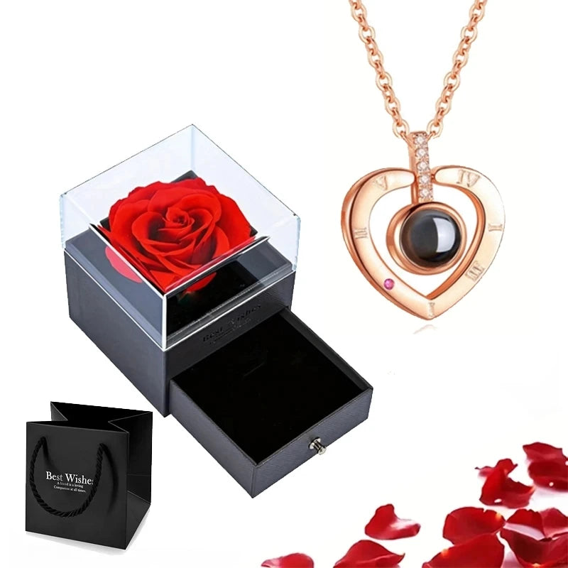 Projection Necklace Set in Rose Gift Box - Heart Pendant Jewelry Featuring "I Love You" in 100 Languages for Girlfriend - 2024 Gift Collection - Dropshipping Available