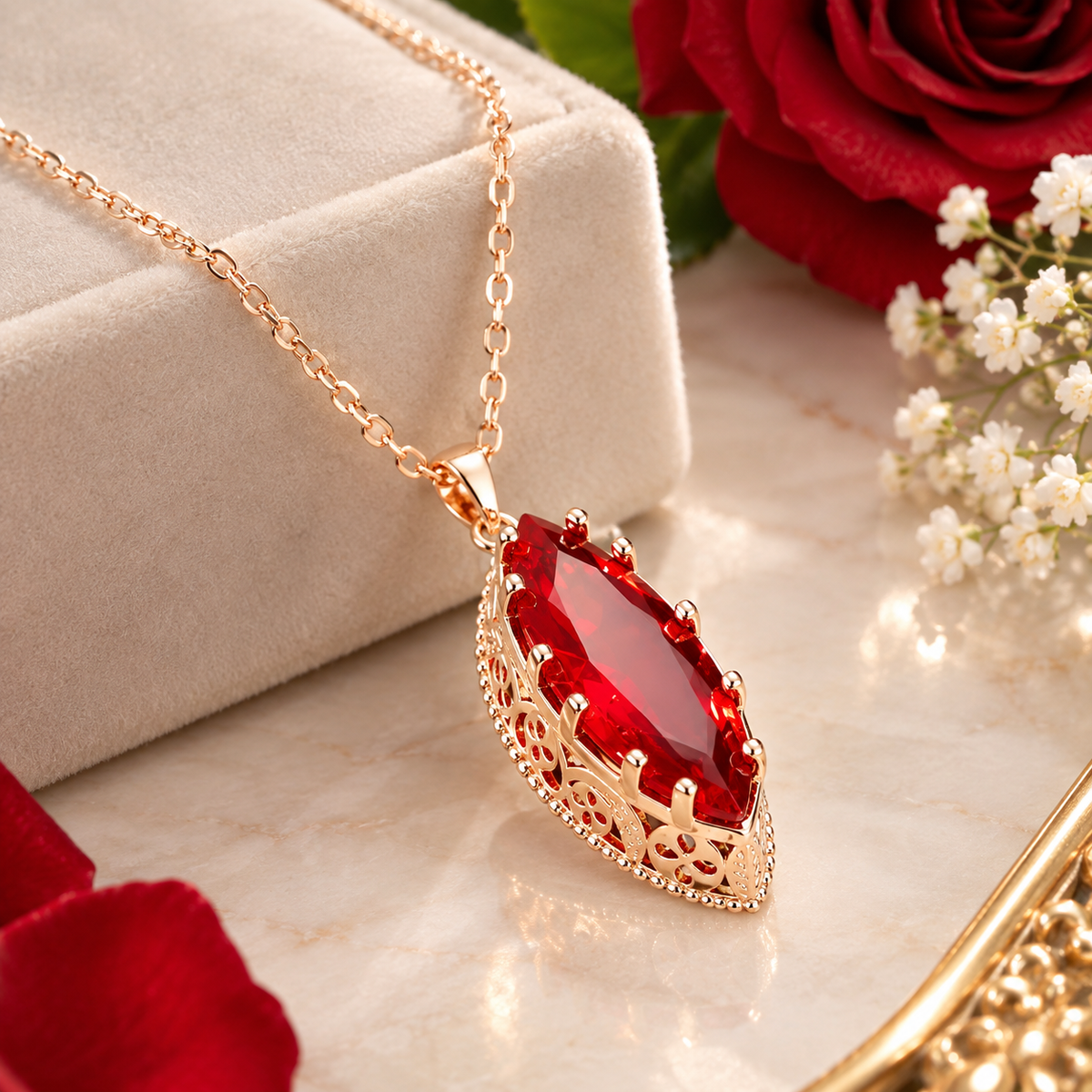 Rose-Gold-Tone Necklace with Red Zirconia Pendant