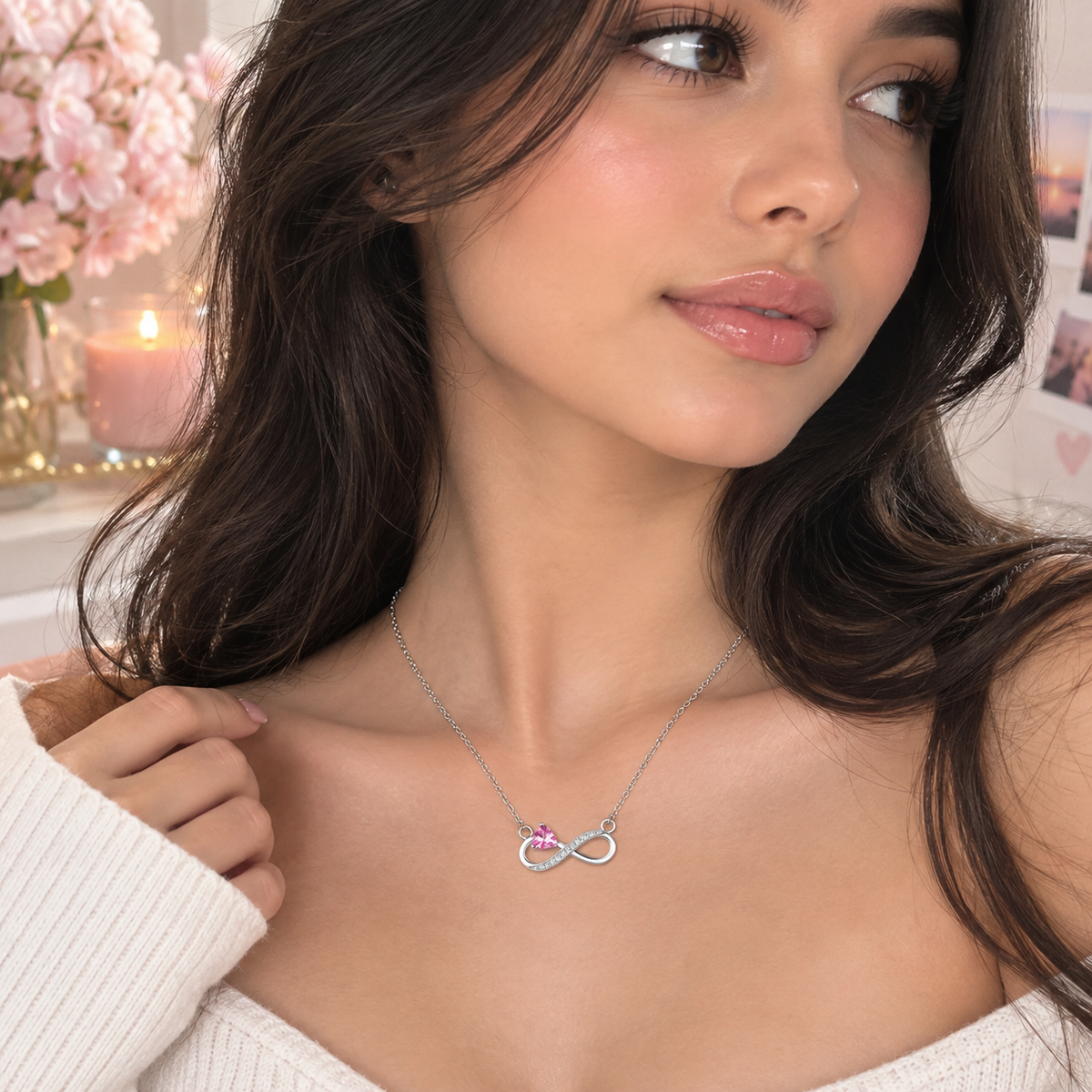 A woman wearing a delicate silver infinity necklace with a small pink gemstone accent, styled with a white ribbed knit top in a softly lit indoor setting.