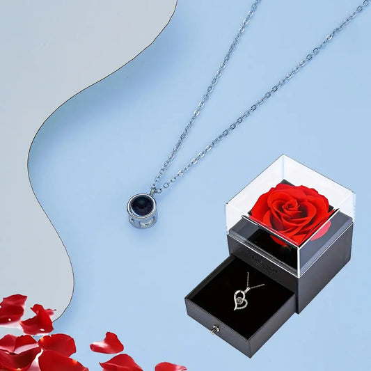 Projection Necklace Set in Rose Gift Box - Heart Pendant Jewelry Featuring "I Love You" in 100 Languages for Girlfriend - 2024 Gift Collection - Dropshipping Available