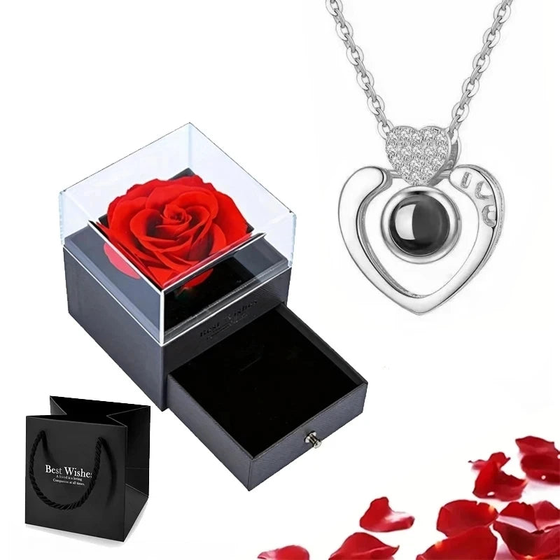 Projection Necklace Set in Rose Gift Box - Heart Pendant Jewelry Featuring "I Love You" in 100 Languages for Girlfriend - 2024 Gift Collection - Dropshipping Available