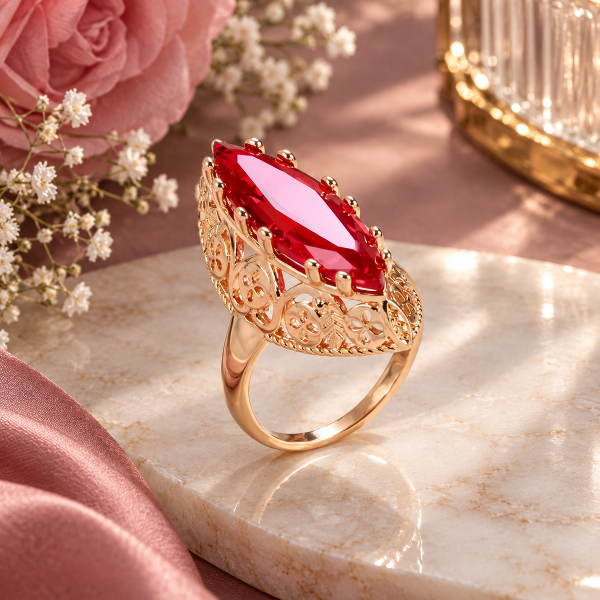 A gold ring with a large marquise-cut red gemstone, displayed on a marble slab with pink satin and flowers in the background.