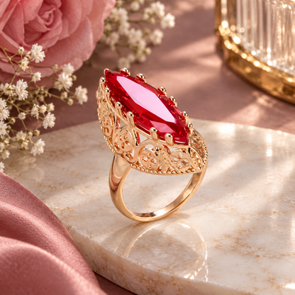 A gold ring with a large marquise-cut red gemstone, displayed on a marble slab with pink satin and flowers in the background.