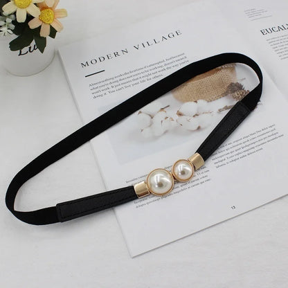 Stylish Elastic Pearl Buckle PU Leather Belt for Women - Perfect for Dresses and Skirts