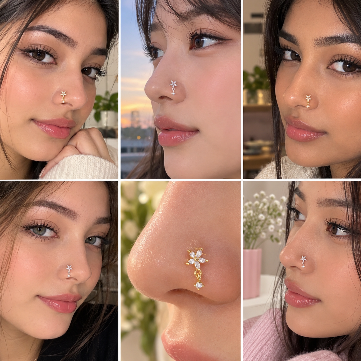 Six-panel collage showing a woman modeling a small nose stud with a flower-like design. The jewelry appears in silver and gold tones, with clear stones.