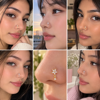 Six-panel collage showing a woman modeling a small nose stud with a flower-like design. The jewelry appears in silver and gold tones, with clear stones.