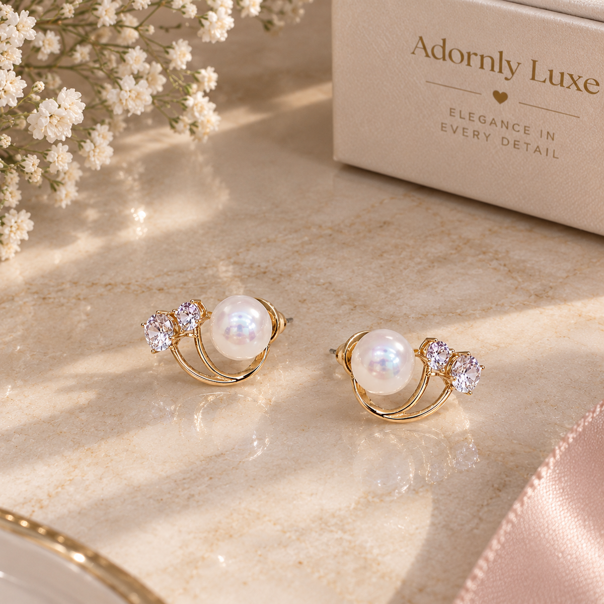 A pair of gold crescent-shaped earrings with large white pearls and small clear crystal clusters, displayed on a beige marble surface next to a box labeled Adornly Luxe.