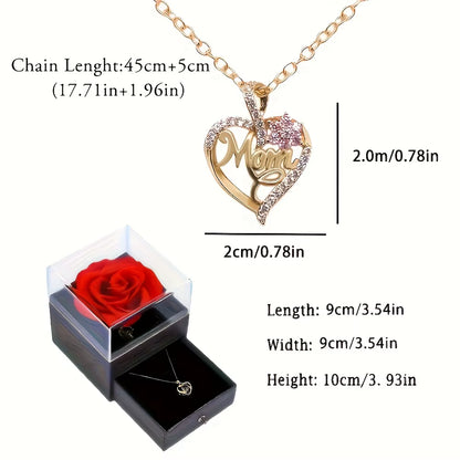 Elegant Mom Heart Pendant Necklace with Rose Gift Box - Perfect Romantic Gift for Mom's Birthday & Christmas 2024 - Fashionable Luxury Zircon Jewelry