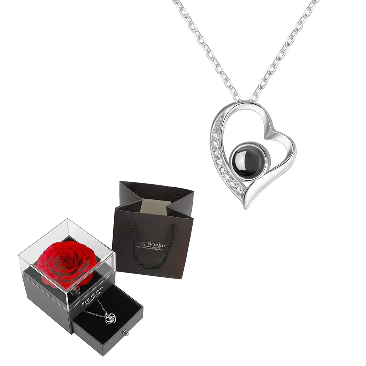 Projection Necklace Set in Rose Gift Box - Heart Pendant Jewelry Featuring "I Love You" in 100 Languages for Girlfriend - 2024 Gift Collection - Dropshipping Available