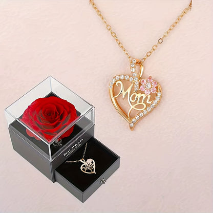 Elegant Mom Heart Pendant Necklace with Rose Gift Box - Perfect Romantic Gift for Mom's Birthday & Christmas 2024 - Fashionable Luxury Zircon Jewelry