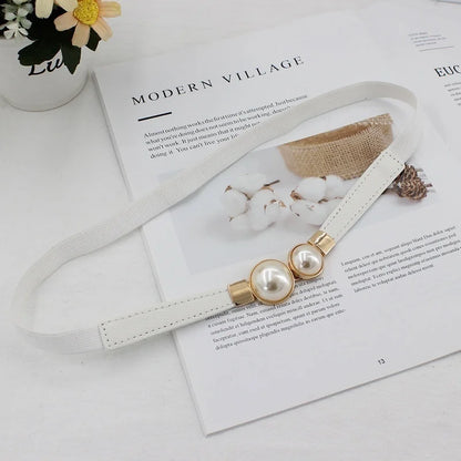 Stylish Elastic Pearl Buckle PU Leather Belt for Women - Perfect for Dresses and Skirts