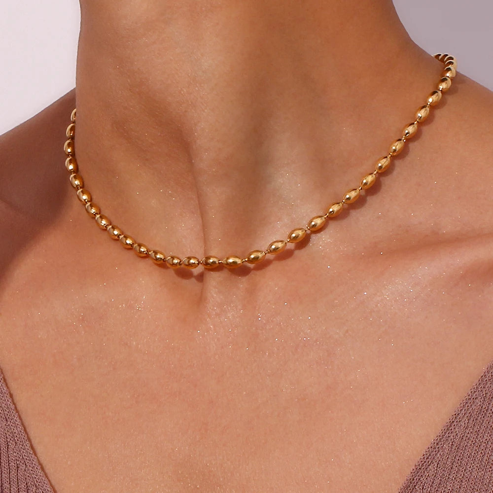Chic 18K Gold Plated Stainless Steel Oval Beaded Choker Necklace - Stunning Fashion Jewelry for Women