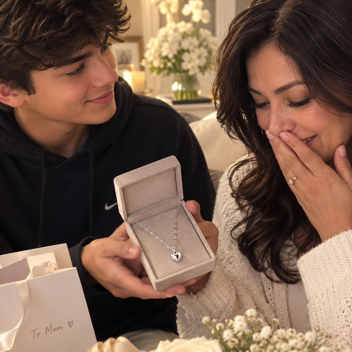 A man presents a silver heart pendant necklace in an open jewelry box to a woman, who is smiling and covering her mouth. A gift bag with 'To Mum' written on it is visible in the foreground.