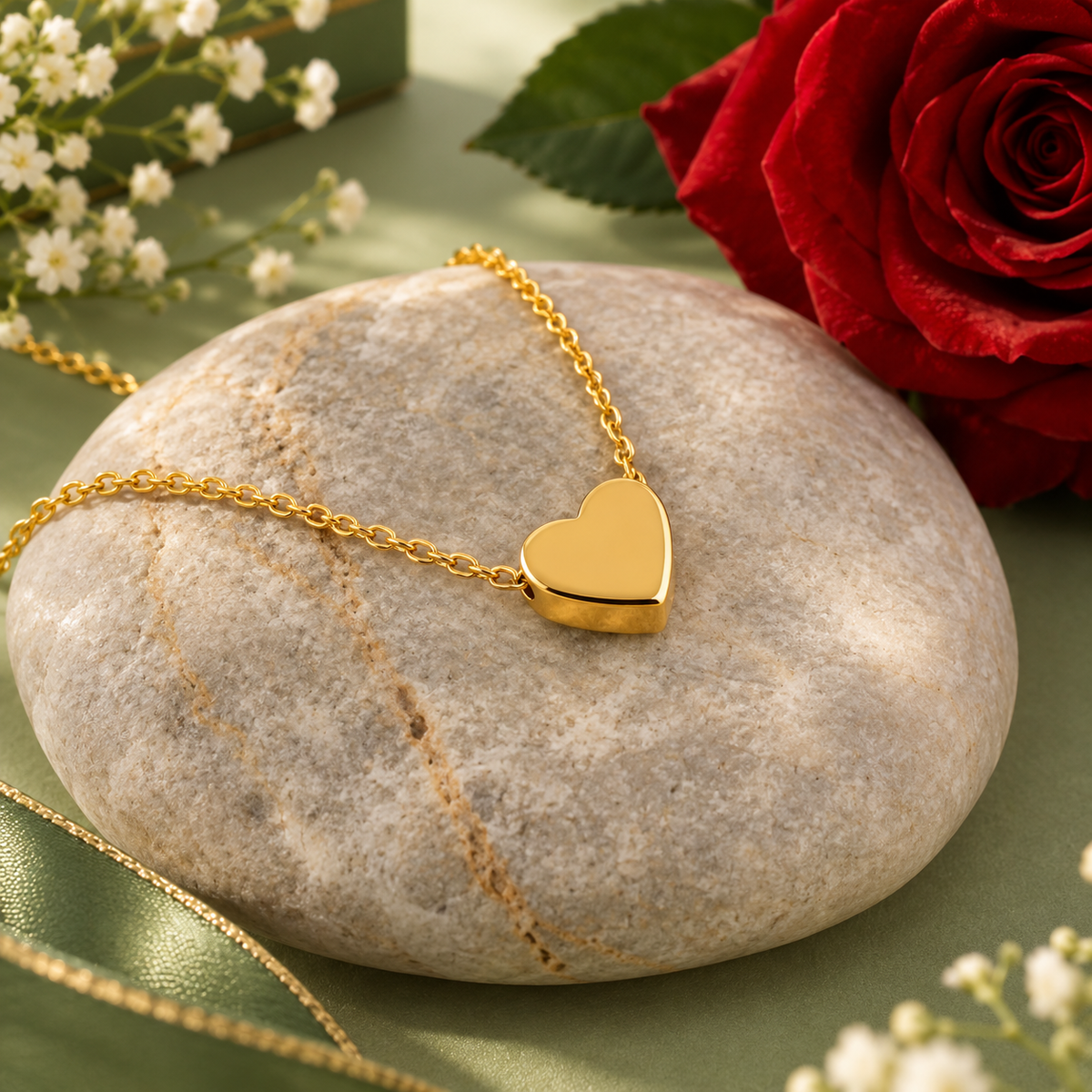 Rose Gold heart pendant on gray stone with a red rose, baby’s breath, and green ribbon.