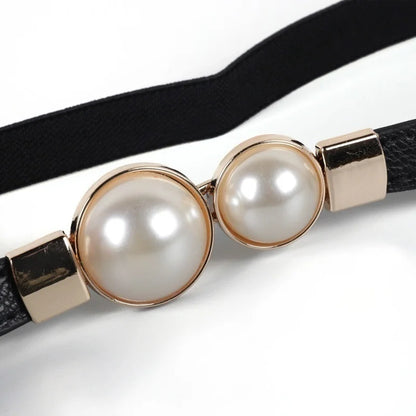 Stylish Elastic Pearl Buckle PU Leather Belt for Women - Perfect for Dresses and Skirts