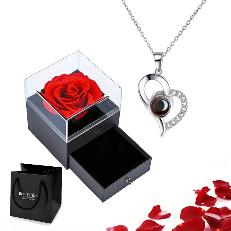 Projection Necklace Set in Rose Gift Box - Heart Pendant Jewelry Featuring "I Love You" in 100 Languages for Girlfriend - 2024 Gift Collection - Dropshipping Available