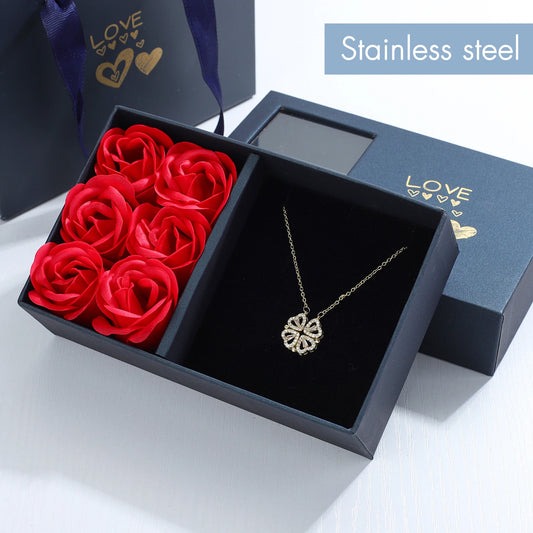 Elegant Rose Gift Box: Four-Leaf Clover and Heart Necklace Set - Dainty Gold Jewelry for Her