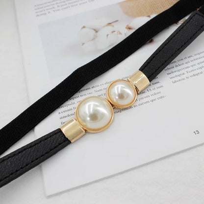 Stylish Elastic Pearl Buckle PU Leather Belt for Women - Perfect for Dresses and Skirts