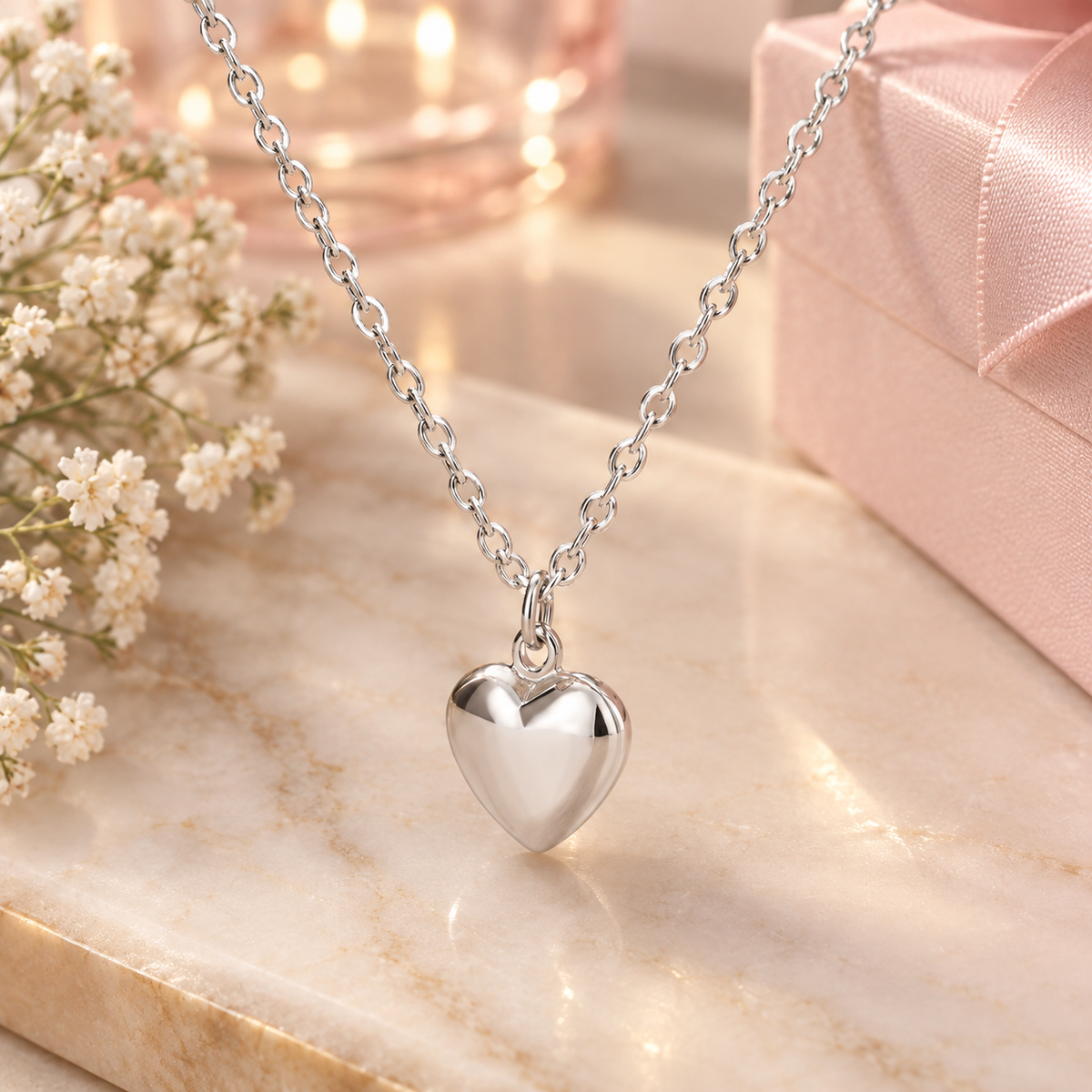 A polished silver heart pendant necklace on a delicate silver chain, displayed on a beige marble surface next to white baby's breath flowers and a pink gift box.