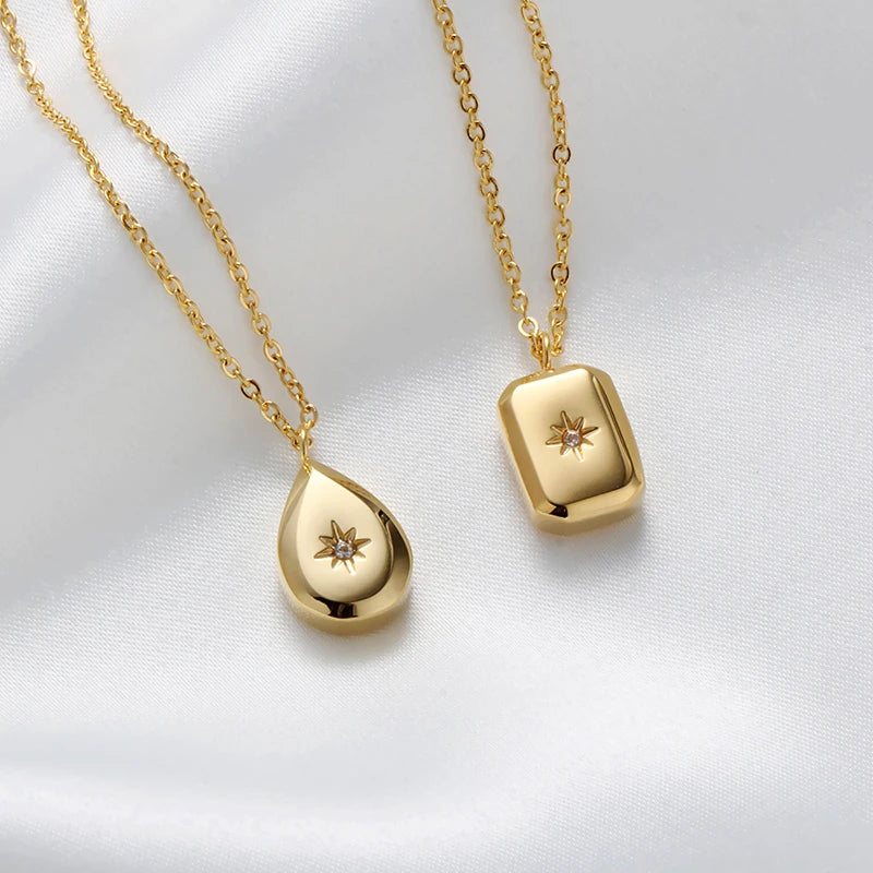 Minimalist Titanium Steel Waterdrop & Star Square Necklaces for Women - 2021 CZ Starburst Collection
