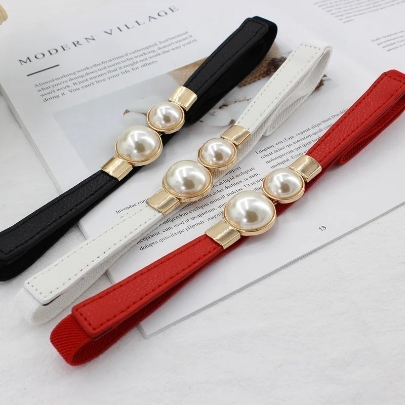 Stylish Elastic Pearl Buckle PU Leather Belt for Women - Perfect for Dresses and Skirts