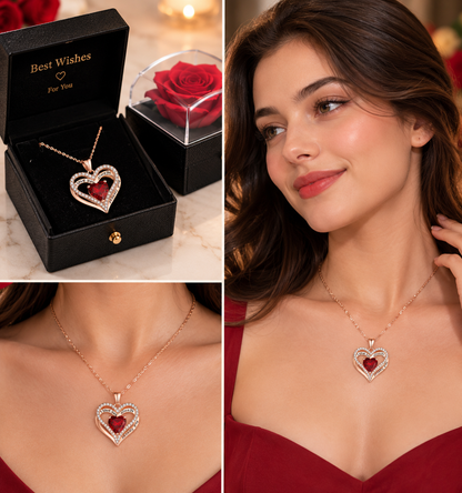 A collage showing a heart-shaped pendant necklace with a red center and clear crystal border, presented in a black gift box and worn by a woman. The left panel shows the open box with the necklace and a red rose, while the right panel shows close-up views of the necklace on the model's neck and chest.